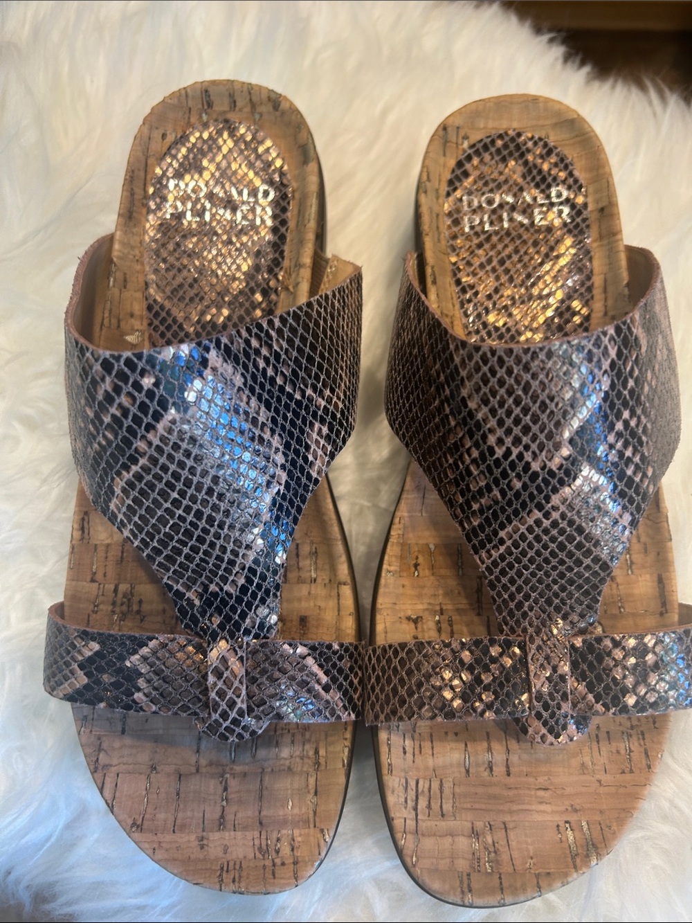Donald J. Pliner Bronze Snakeskin Cork Slide Sandals